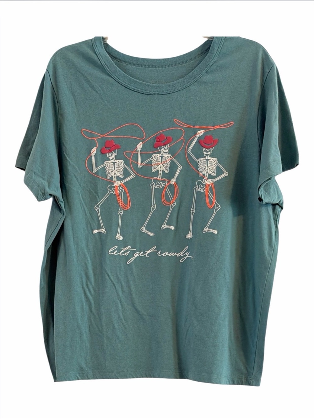Zoe + Liv Teal Graphic Tee with Red and White Skeleton Cowboys